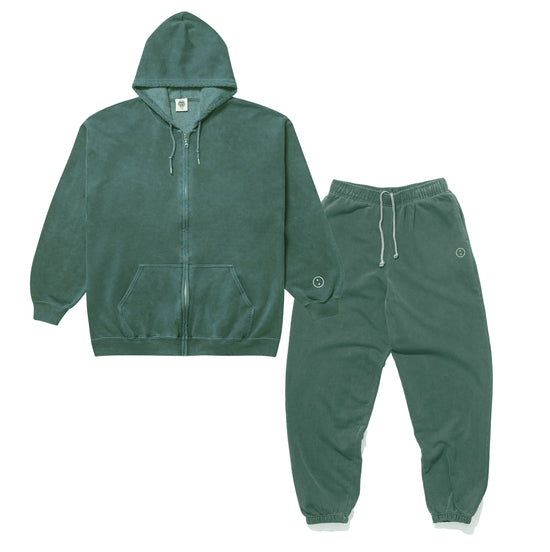 Essentials Vintage Washed Zip-Up Hoodie & Jogger Set - Forest