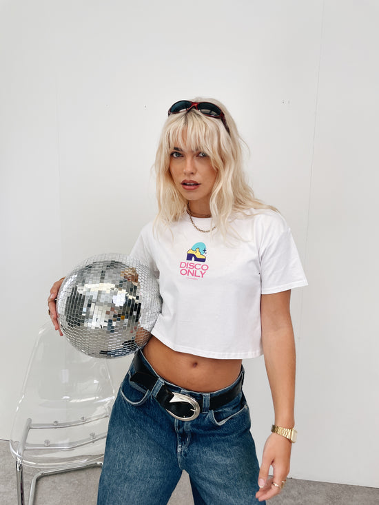 DISCO ONLY WMNS 'Play It Twice V3' Cropped Tee - White