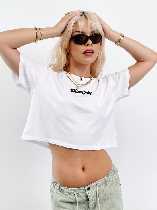 DISCO ONLY WMNS 'Play It Twice V2' Cropped Tee - White