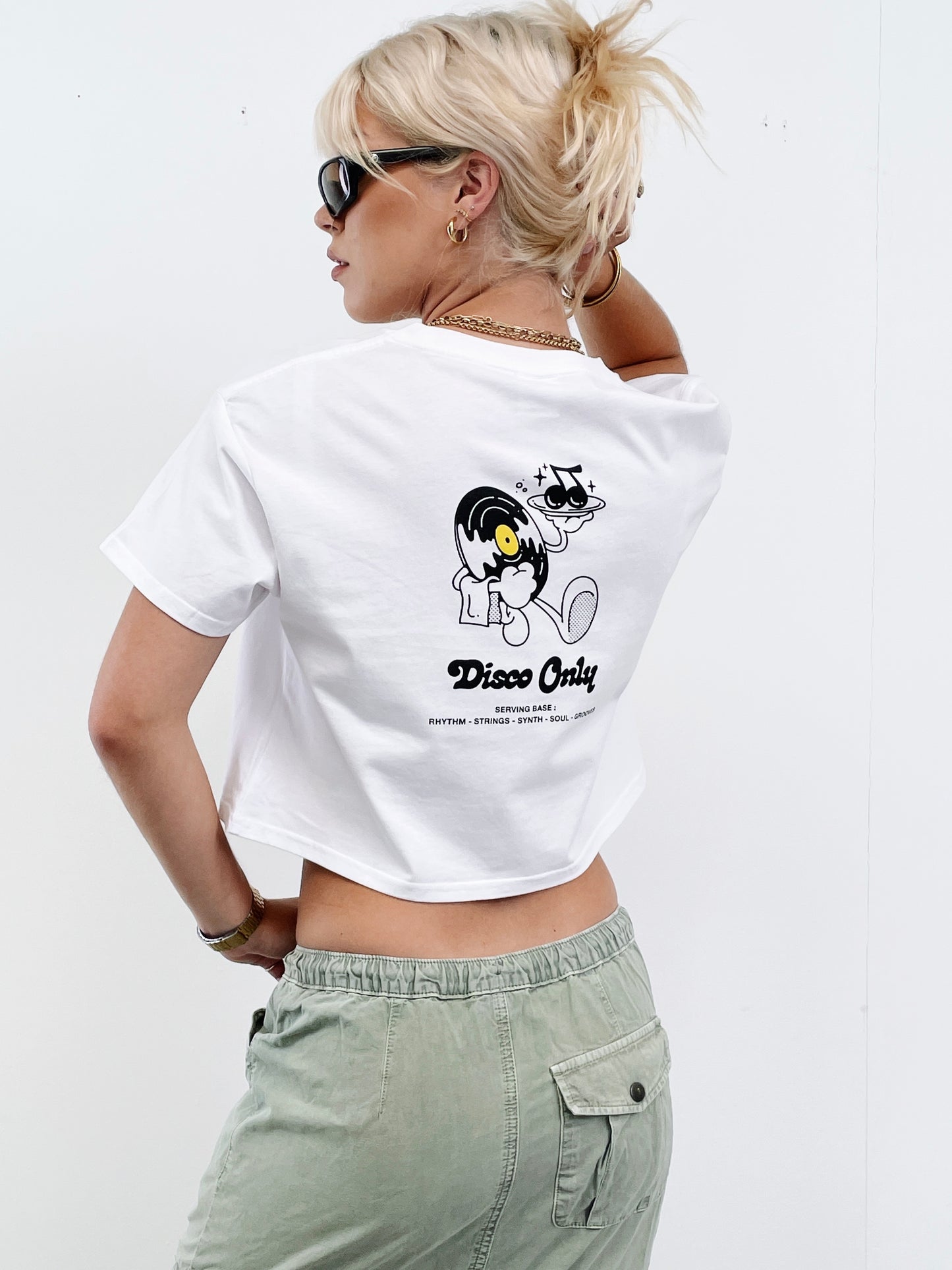 DISCO ONLY WMNS 'Play It Twice V2' Cropped Tee - White