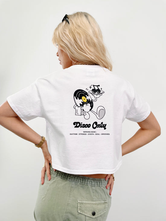 DISCO ONLY WMNS 'Play It Twice V2' Cropped Tee - White