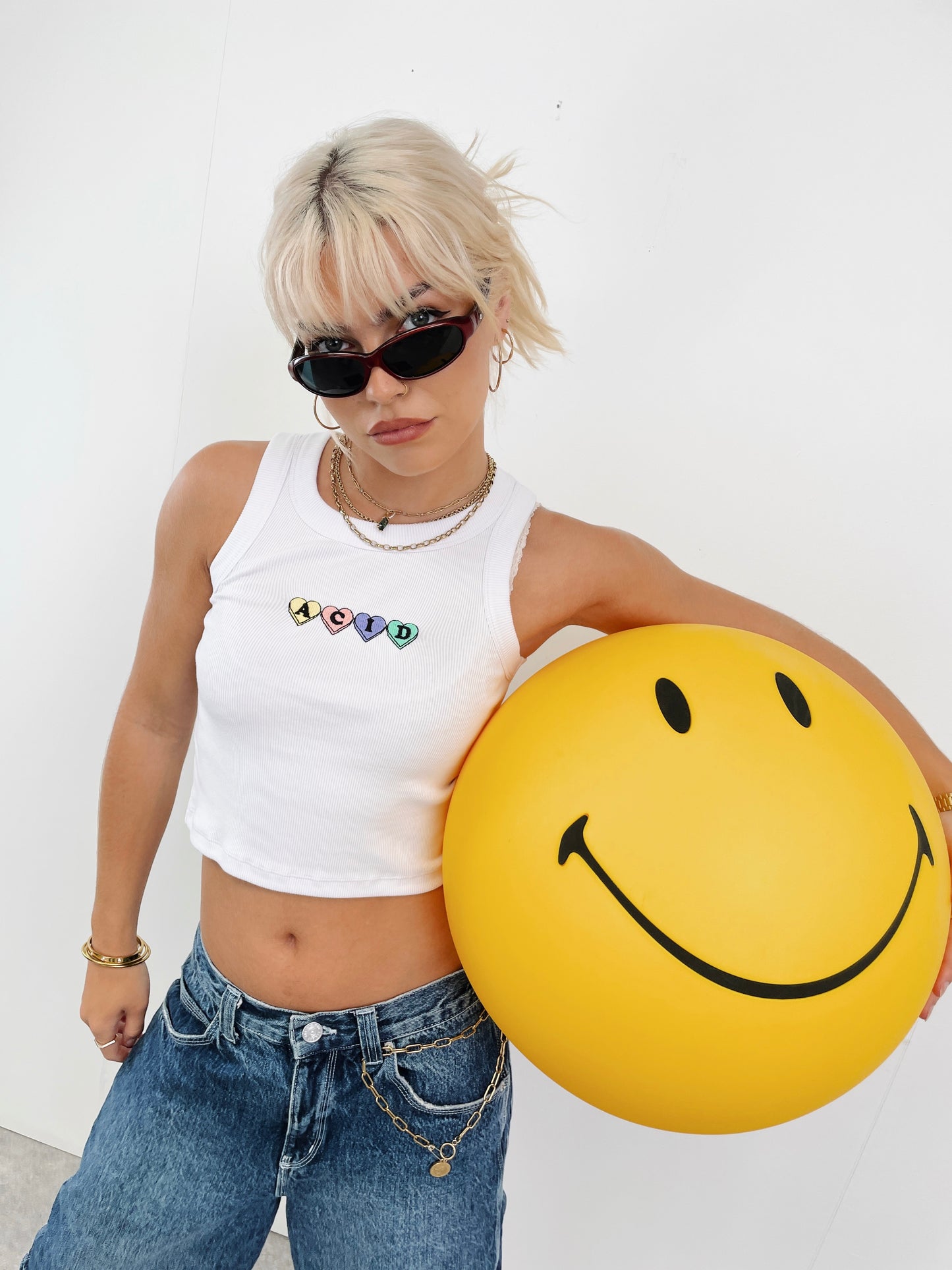 Acid Love WMNS 'Hearts' Embroidered Rib Tank - White