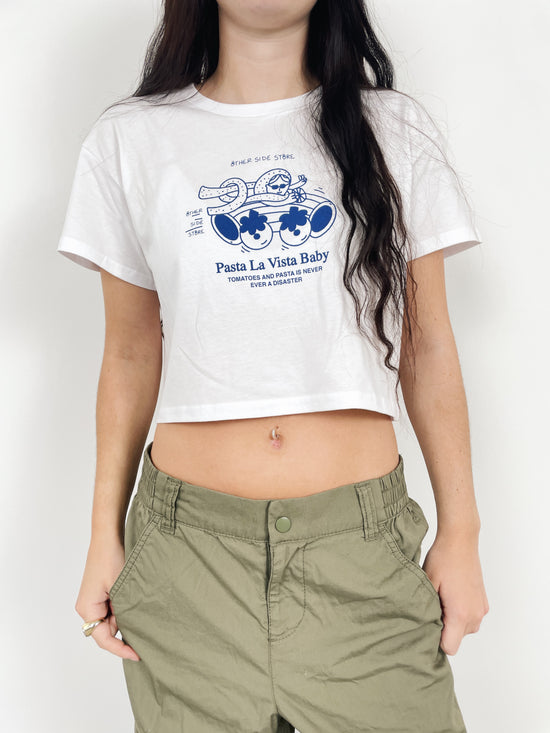 Load image into Gallery viewer, Other Side Store WMNS &amp;#39;Pasta La Vista&amp;#39; Cropped Tee - White
