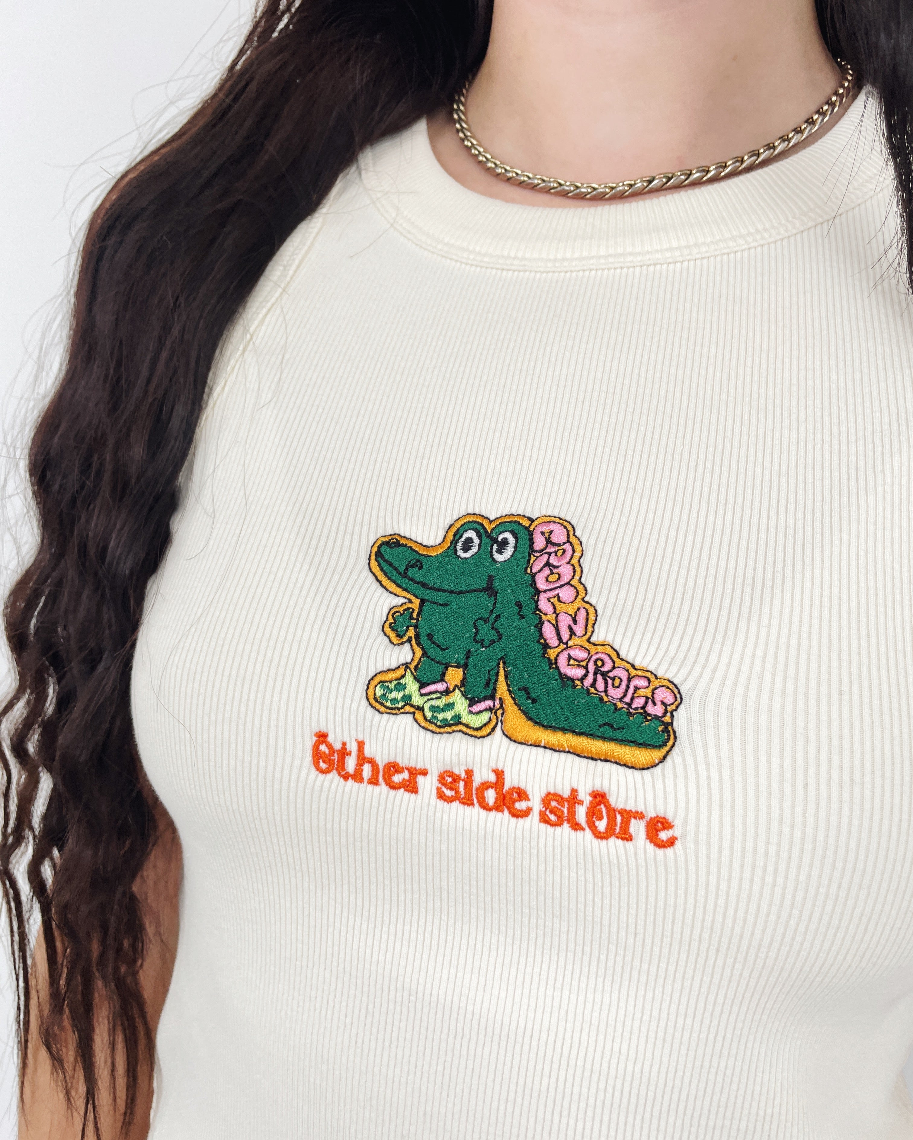 Other Side Store WMNS 'Crocs' Embroidered Crop Rib Tank - Ecru – UN:IK ...