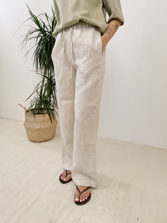 FLWRS Embroidered Linen Trousers - Natural