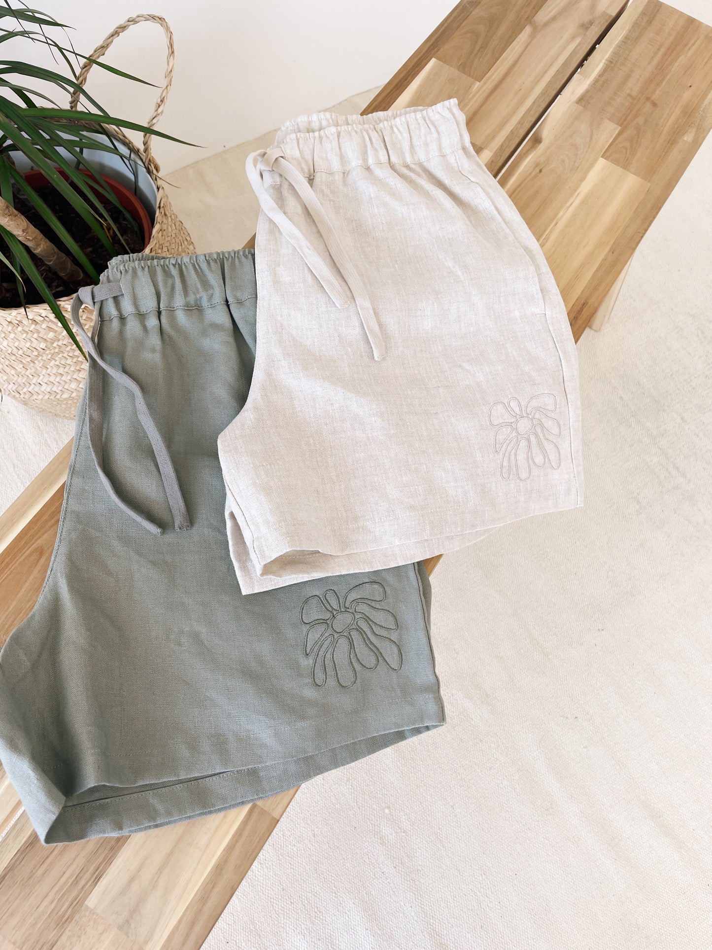 FLWRS Embroidered Linen Shorts - Natural