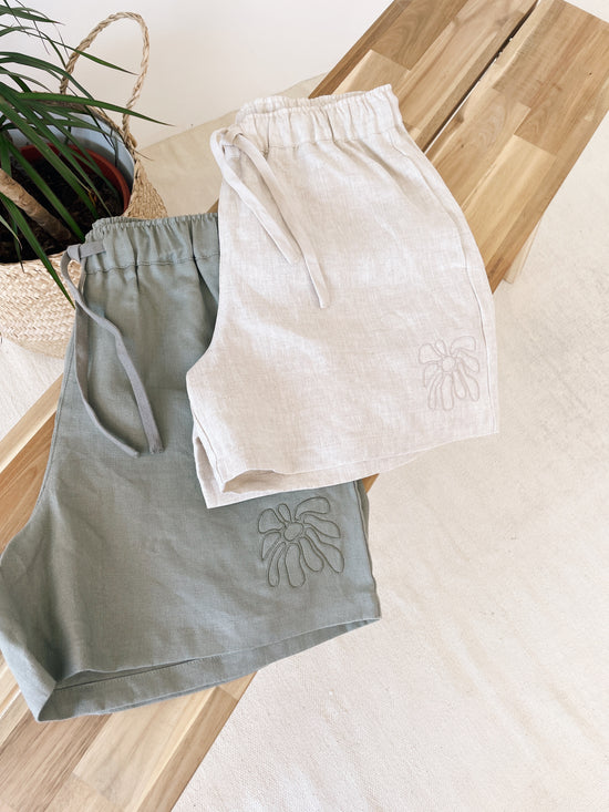 Load image into Gallery viewer, FLWRS Embroidered Linen Shorts - Sage
