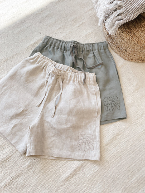 FLWRS Embroidered Linen Shorts - Natural