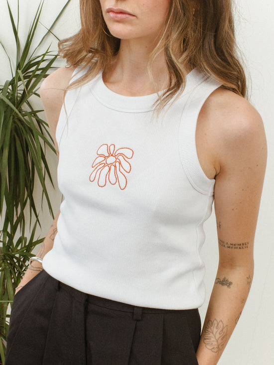 FLWRS Organic Embroidered Rib Tank - White