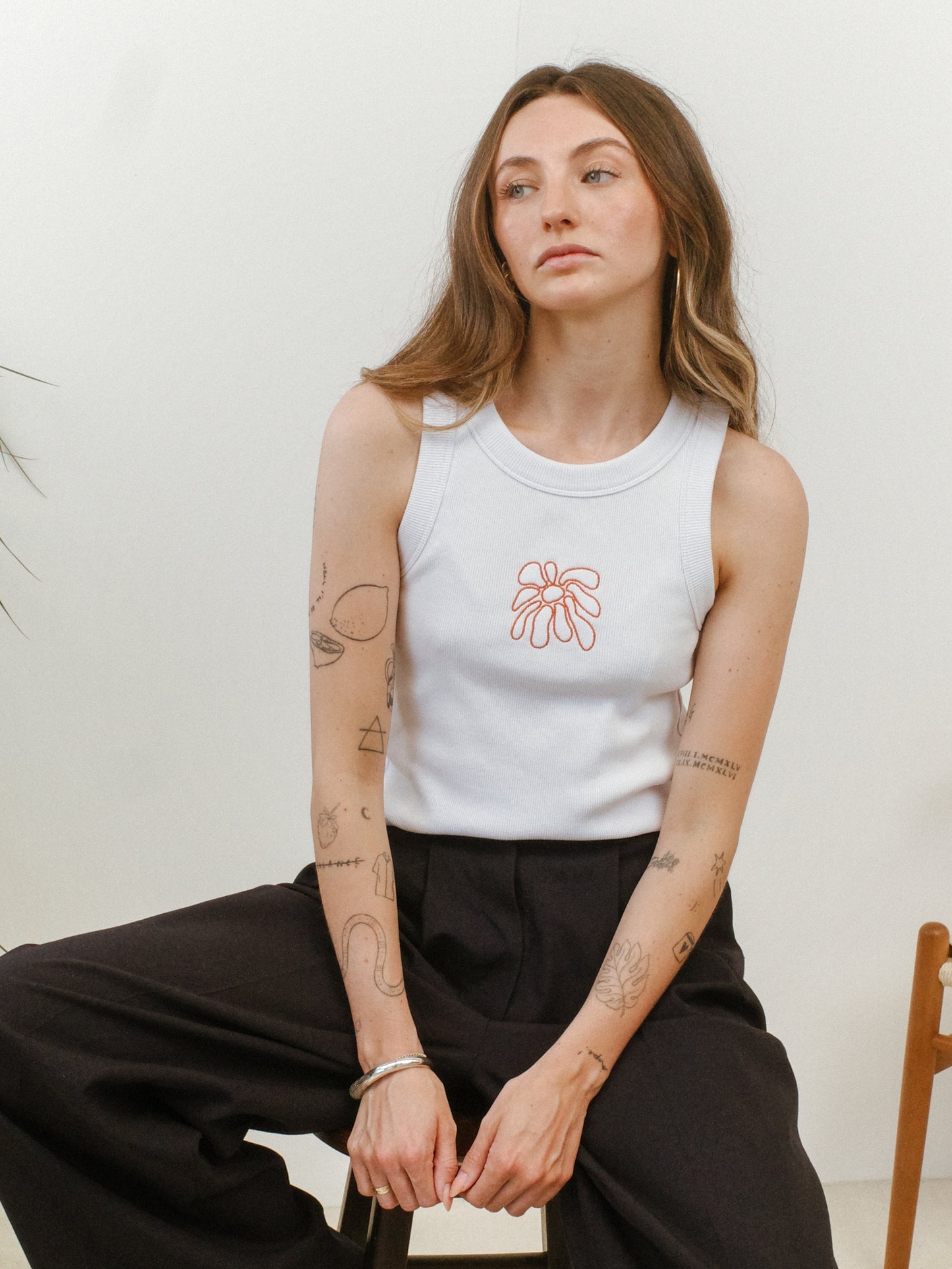 FLWRS Organic Embroidered Rib Tank - White