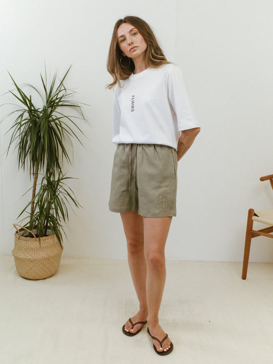Load image into Gallery viewer, FLWRS Embroidered Linen Shorts - Sage
