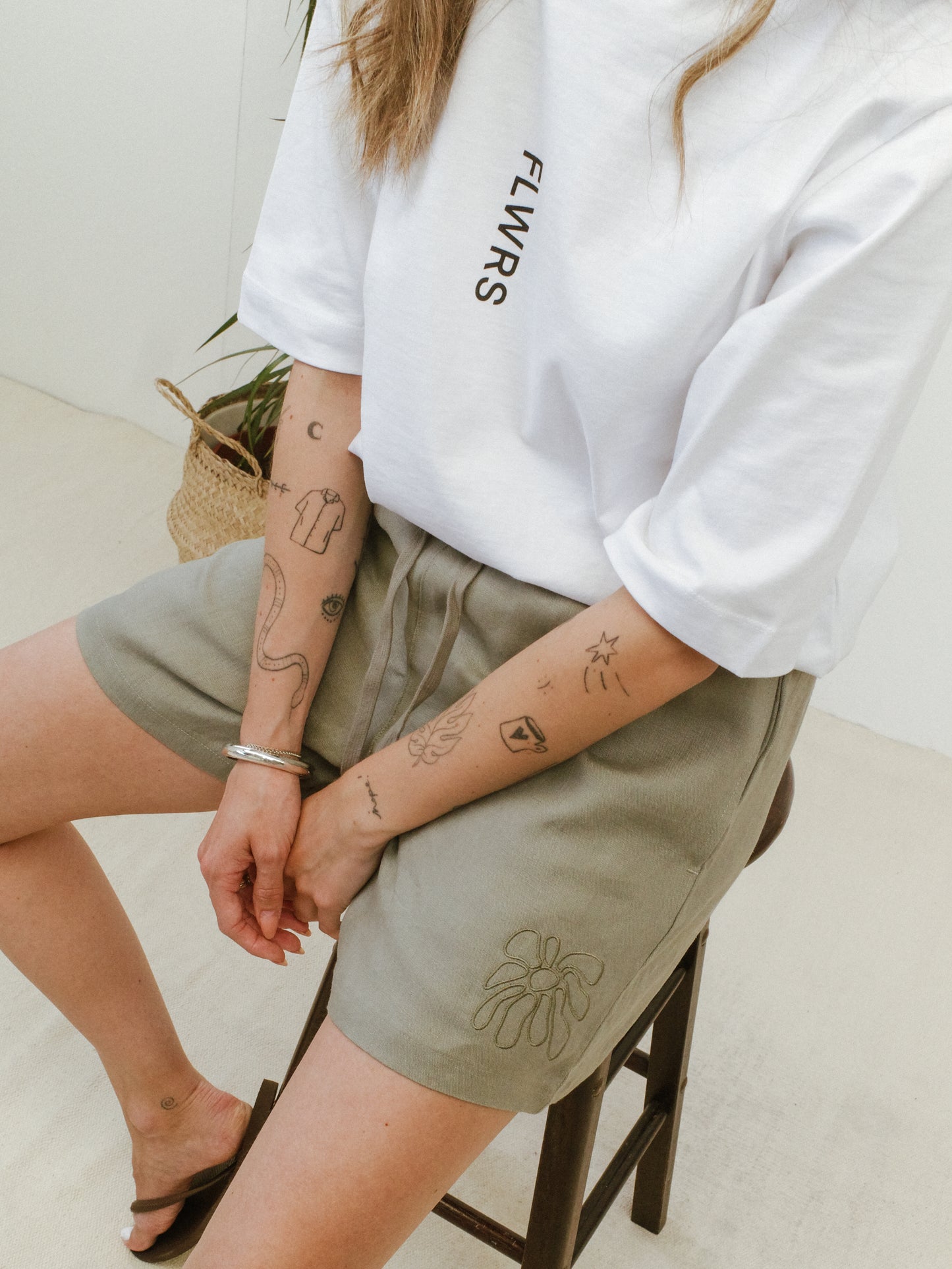 FLWRS Embroidered Linen Shorts - Sage