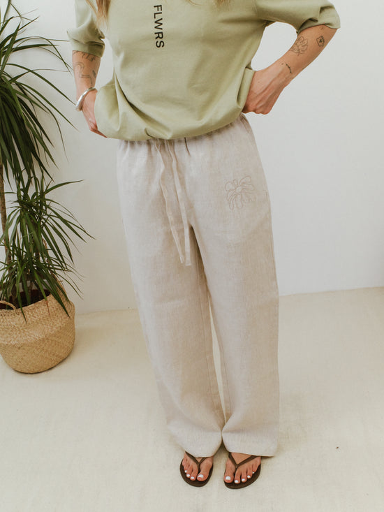 FLWRS Embroidered Linen Trousers - Natural