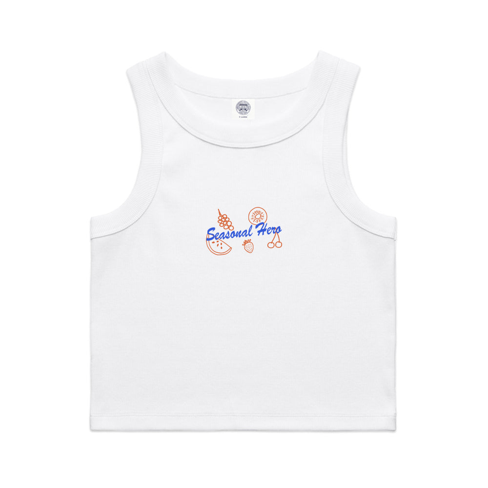 Seasonal Hero 'Fruits' Embroidered Crop Rib Organic Tank - White