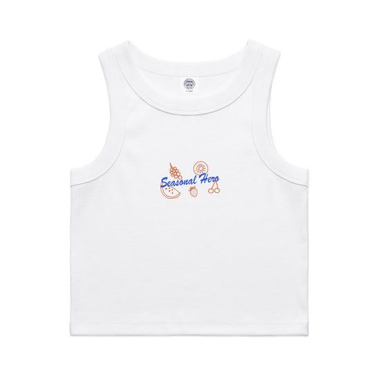 Seasonal Hero 'Fruits' Embroidered Crop Rib Organic Tank - White