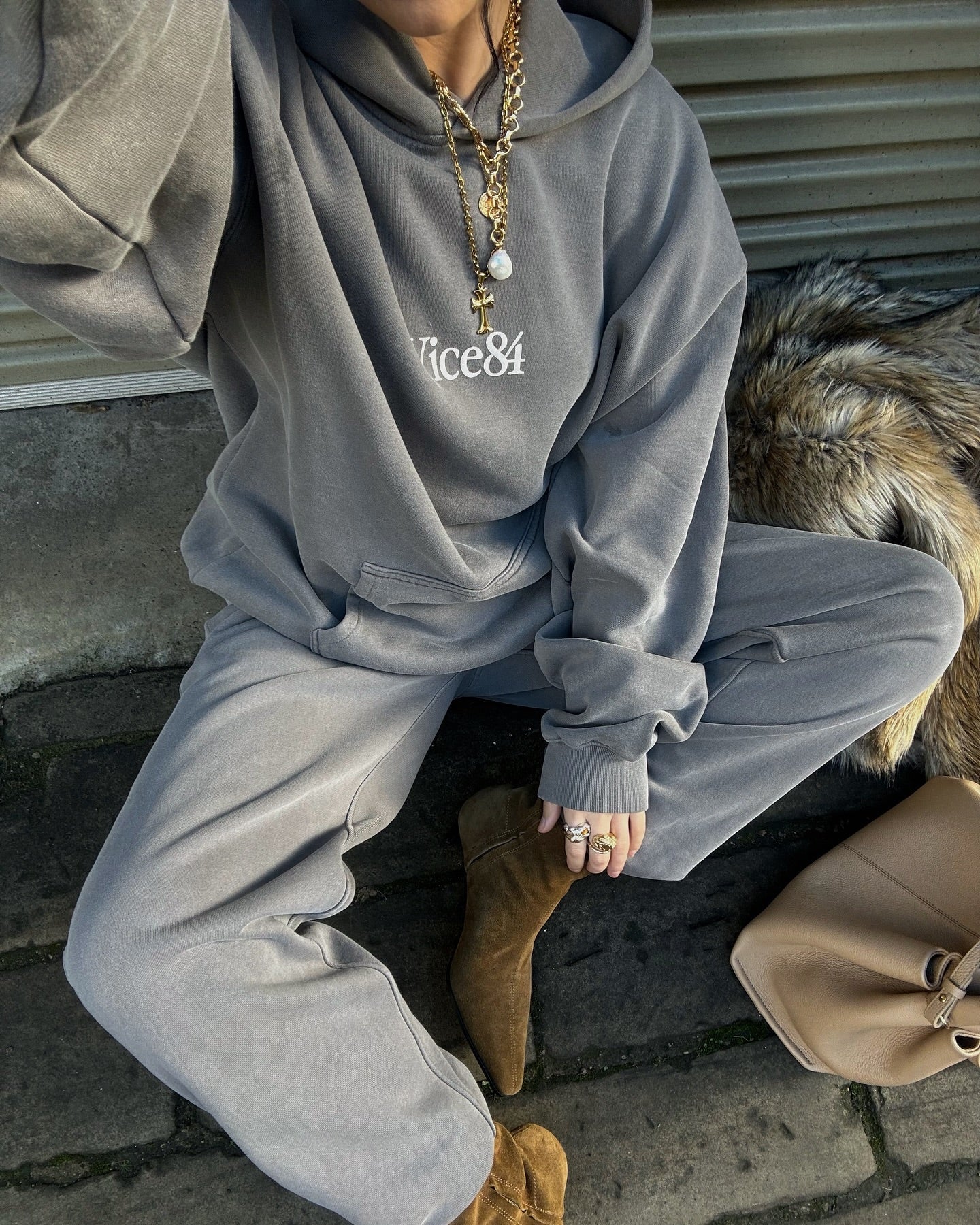 Vice 84 Premium Hoodie & Jogger Set - Faded Grey
