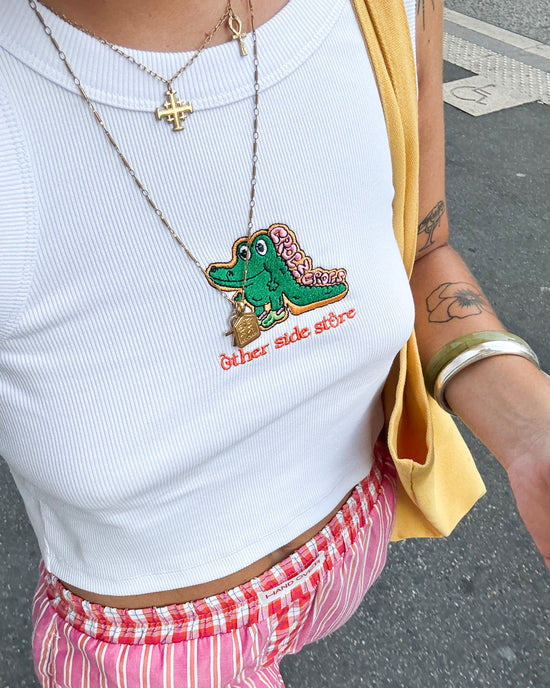 Load image into Gallery viewer, Other Side Store WMNS &amp;#39;Crocs&amp;#39; Embroidered Crop Rib Tank - White
