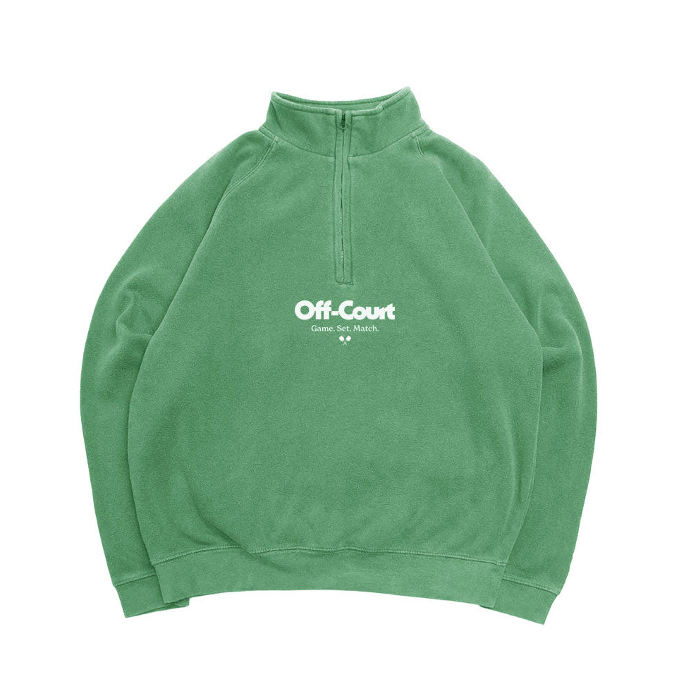 Green sweatshirt with 'Off-Court' text on a white background