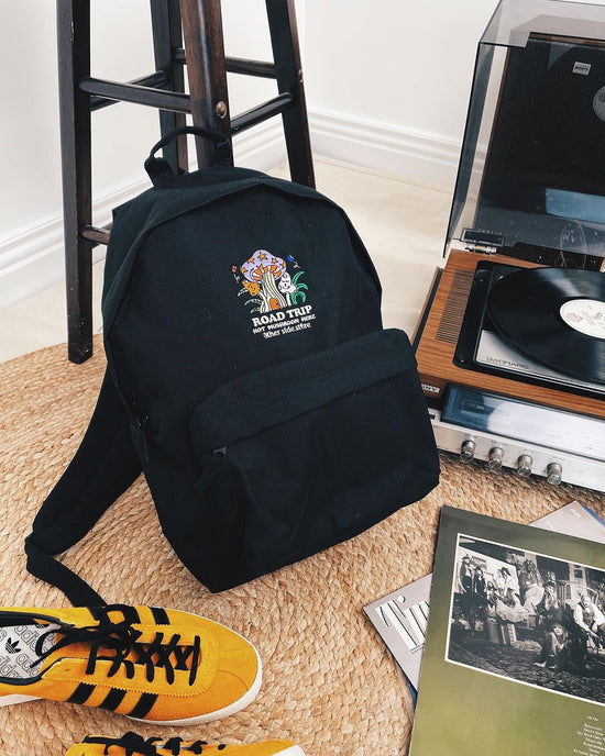 Load image into Gallery viewer, Other Side Store &amp;#39;Road Trip&amp;#39; Embroidered Backpack - Black
