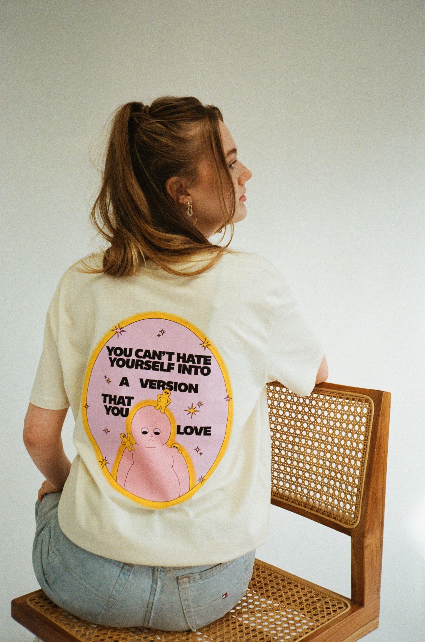 Load image into Gallery viewer, Pleasure Paradox &amp;#39;You Can&amp;#39;t Hate Yourself&amp;#39; Natural Tee - Lavender Print

