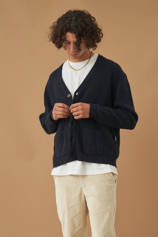 bound 'Oxford' Navy Waffle Cardigan