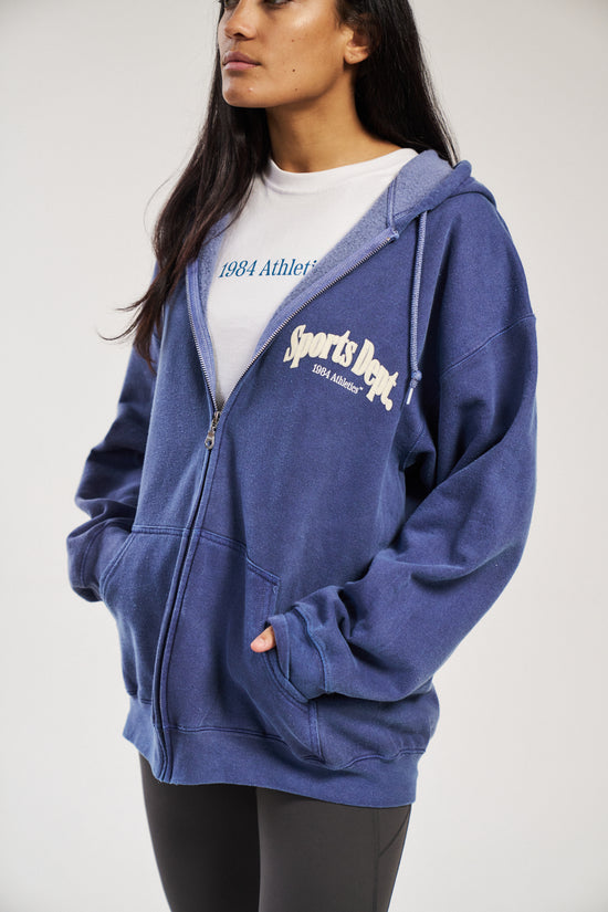 Load image into Gallery viewer, Vice 84 &amp;#39;Sports Dept&amp;#39; Vintage Washed Zip Hoodie - Indigo
