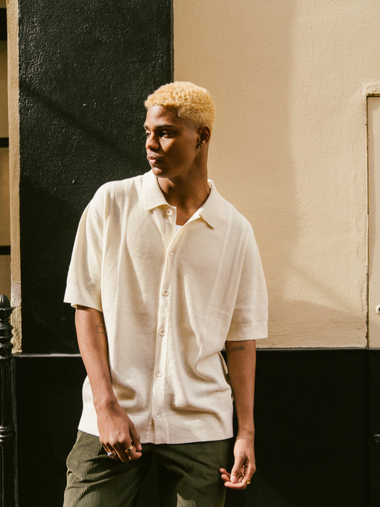 bound 'Stanley' Waffle Knit Polo - Ecru