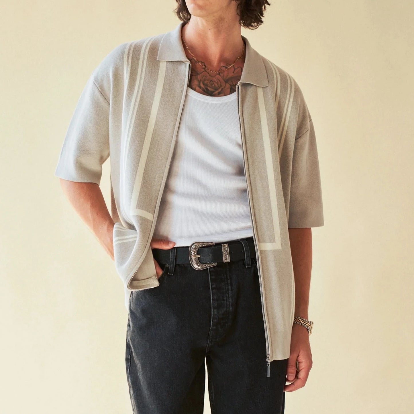 bound 'Elmer' Heavy Zip Knit Polo - Ash