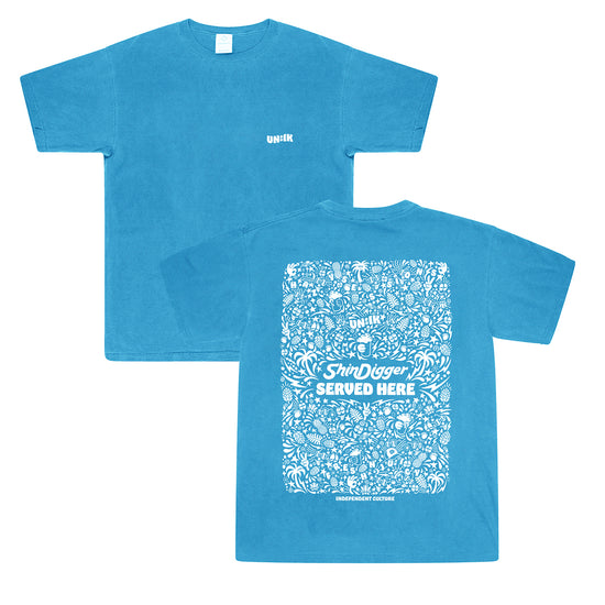 Load image into Gallery viewer, Shindigger X UN:IK &amp;#39;Served Here&amp;#39; Tee - Ibiza Blue
