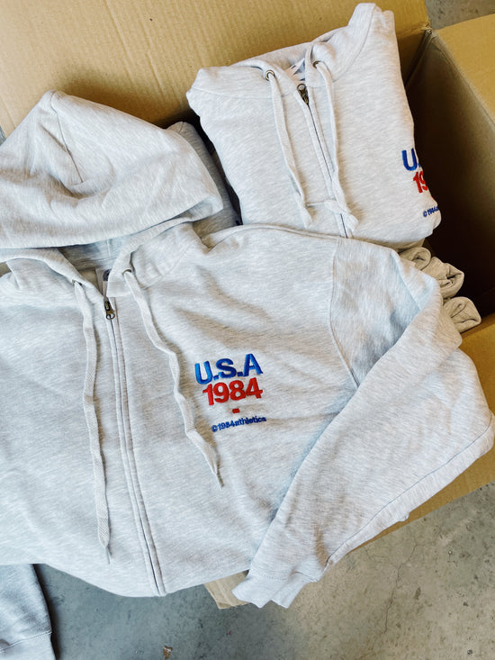 Vice 84 'USA' Embroidered Zip Up Hoodie - Ash Grey