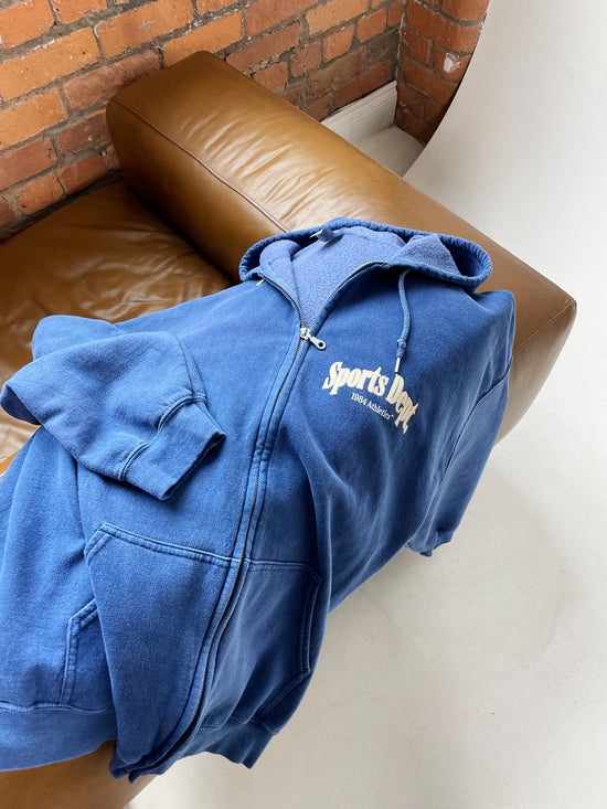 Load image into Gallery viewer, Vice 84 &amp;#39;Sports Dept&amp;#39; Vintage Washed Zip Hoodie - Indigo
