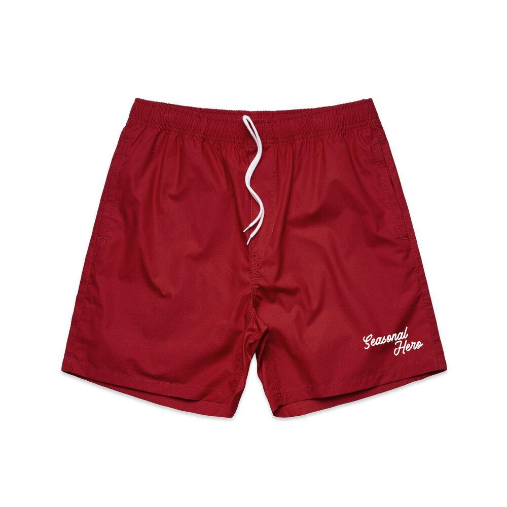 Seasonal Hero Script Beach Shorts Pistachio Red Mauve