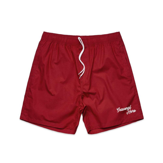 Seasonal Hero 'Script' Beach Shorts - Pistachio / Red / Mauve - UN:IK Clothing