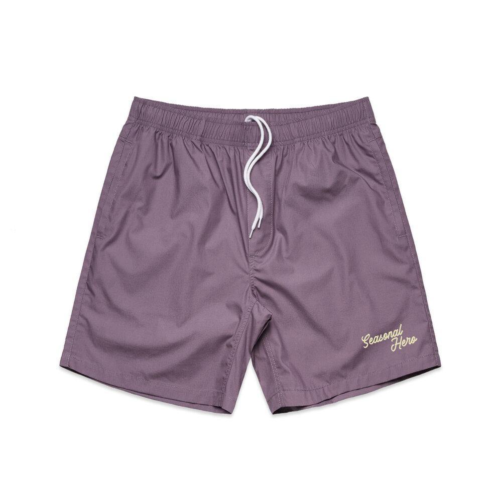 Seasonal Hero 'Script' Beach Shorts - Pistachio / Red / Mauve - UN:IK Clothing