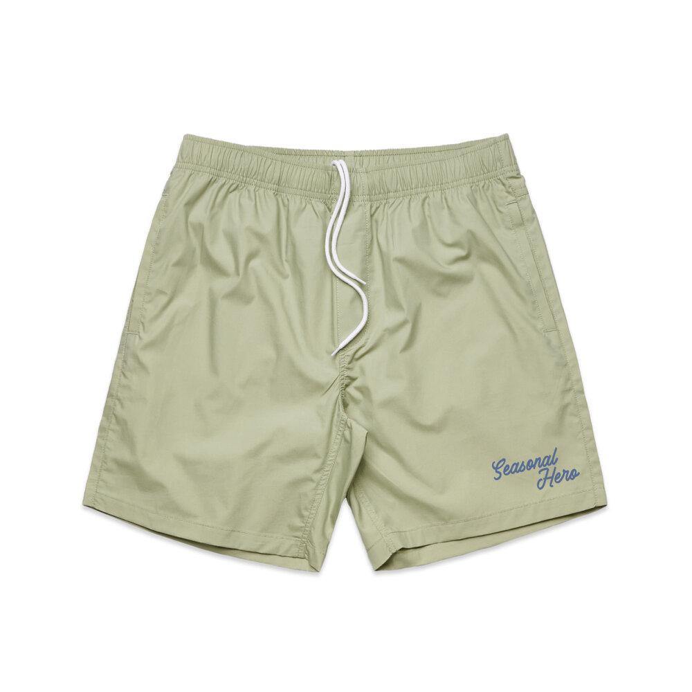 Seasonal Hero 'Script' Beach Shorts - Pistachio / Red / Mauve - UN:IK Clothing